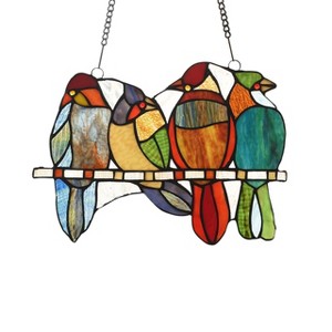 Chloe Lighting Cardinal Family Tiffany-Style Animal Design Window Panel 13"X 9" - 1 of 3