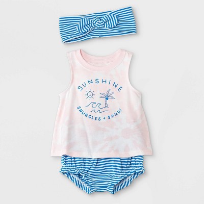 Image of Baby Girls' 3pc Sunshine Tie-Dye Top & Bottom Set with Headband - Cat & Jack™ Pink 6-9M