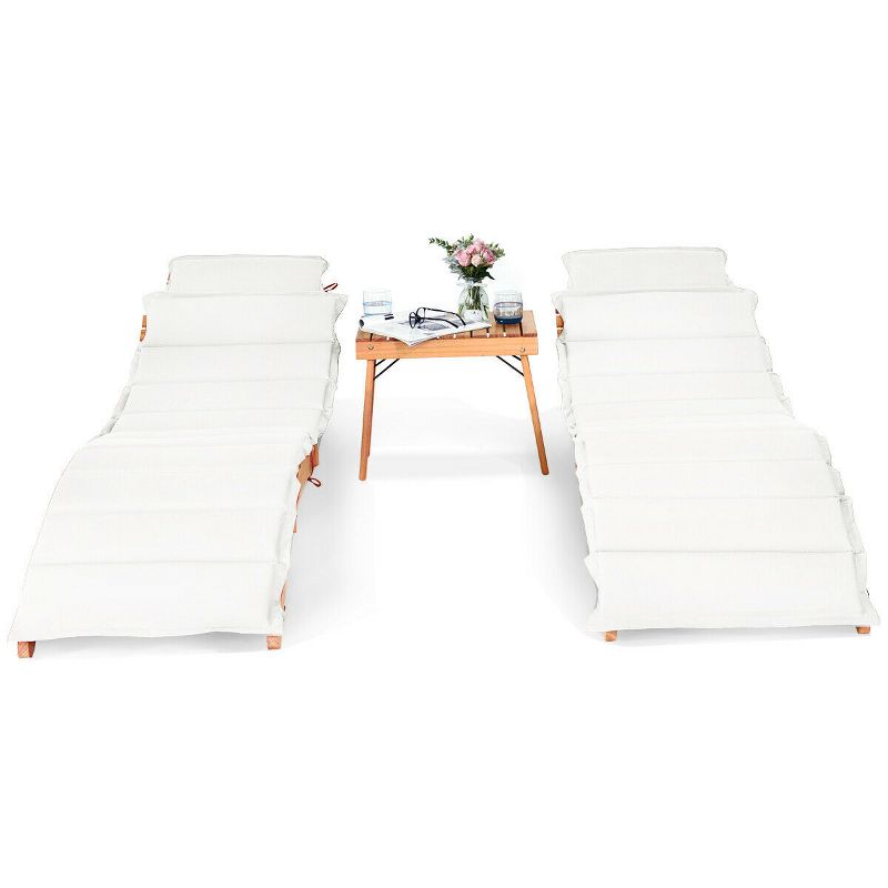 Tangkula 3 PCS Folding Eucalyptus Lounge Chair & Table Set w/ Double-sided Cushion, 2 of 10
