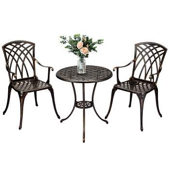 Outdoor Patio Round Table Set, 3 Piece Cast Aluminum Bistro Terrace Table And Chair With Umbrella Hole, Outdoor/Indoor Use, Garden, Backyard