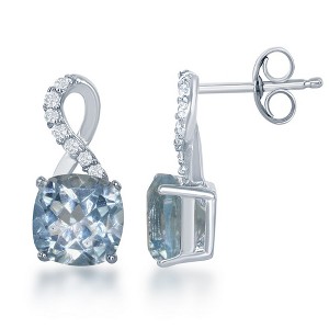 Simona Sterling Silver, White Topaz Earrings, with 6mm Square Gem - Blue Topaz - Blue - 1 of 2