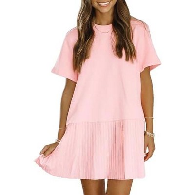 EXLURA Womens Summer Casual Short Sleeve Dress Crewneck Tshirt Dresses Pleated Aline Mini Dress 2025 Vacation Beach Sundress