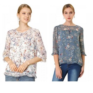 Allegra K Women's Round Neck Ruffle 3/4 Sleeve Floral Print Chiffon Blouse 2 Pcs - 1 of 4
