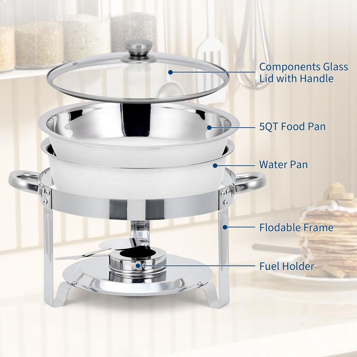 4/6-Pack 5QT Round Chafing Dish Set, Stainless Steel Buffet Food Warmers with Lids & Water Pans, Buffet Servers for Parties, Weddings and Banquets - thumbnail 3