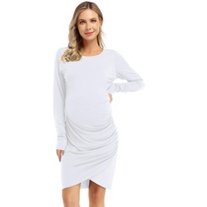 Women's round neck long sleeved cross hem pleated pregnant dress, non vacuum 3 # white, white, M - 1 of 1