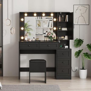 GustoWave Makeup Vanity Desk and Stool, Vanity Desk with Lights & Charging Station, Drawers and Hidden Storage Shelves - 1 of 4