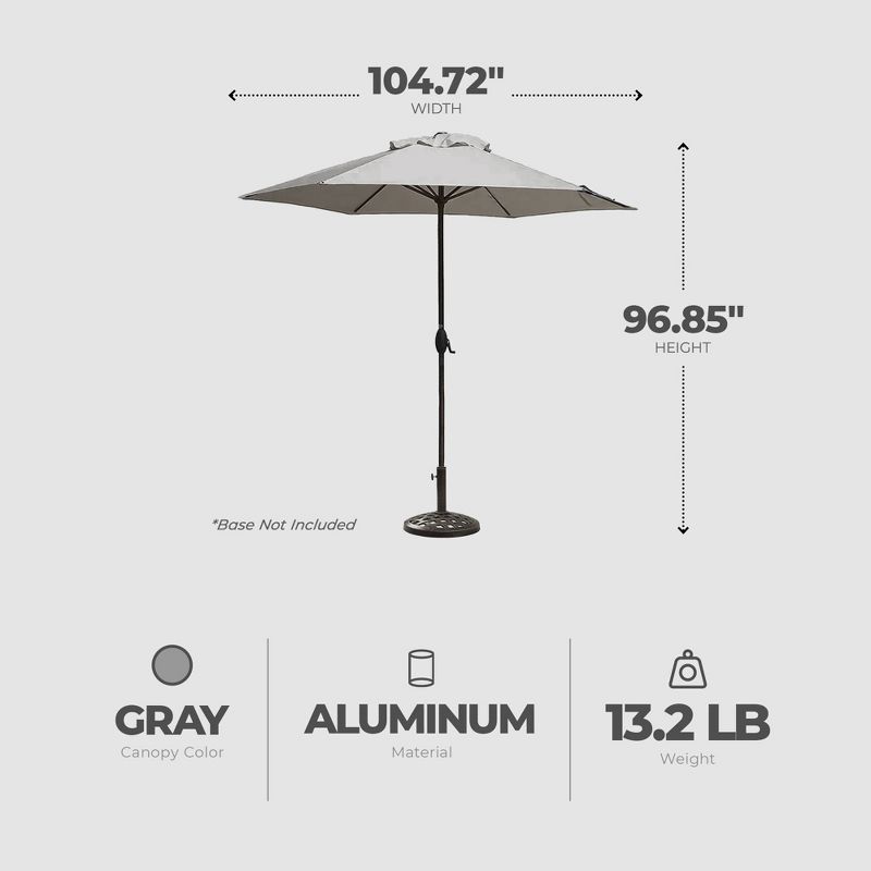 Four Seasons Courtyard 9 Foot Palermo Market Patio Umbrella Round Outdoor Backyard Shaded Canopy with Push Button Tilt and Aluminum Pole, Gray, 5 of 7