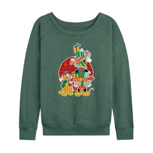 Women's - Disney - Mickey And Presents Lightweight French Terry Wide Neck Long Sleeve Shirt - 1 of 4
