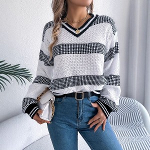 Coolmee Women's Striped Tunic Sweaters Casual V Neck Long Sleeve Color Block Knit Pullover Jumper Tops - 1 of 4