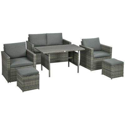 Mixed Gray PE Rattan 6-Piece Outdoor Dining Set with Cushions