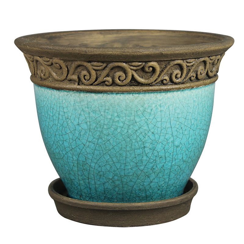 Southern Patio Cadiz 8 Inch Round Crackled Ceramic Indoor or Outdoor Garden Planter Pot with Saucer for Flowers and Plants, Teal (3 Pack), 2 of 7