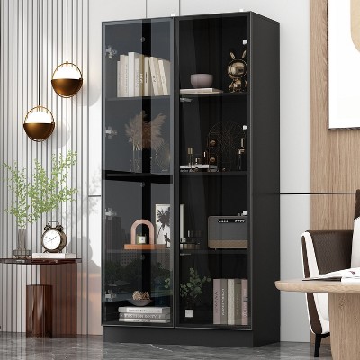 Famapy Display Cabinet All Multipurpose Storage Bookcase with Glass Doors and Shelves Buffet LED Light