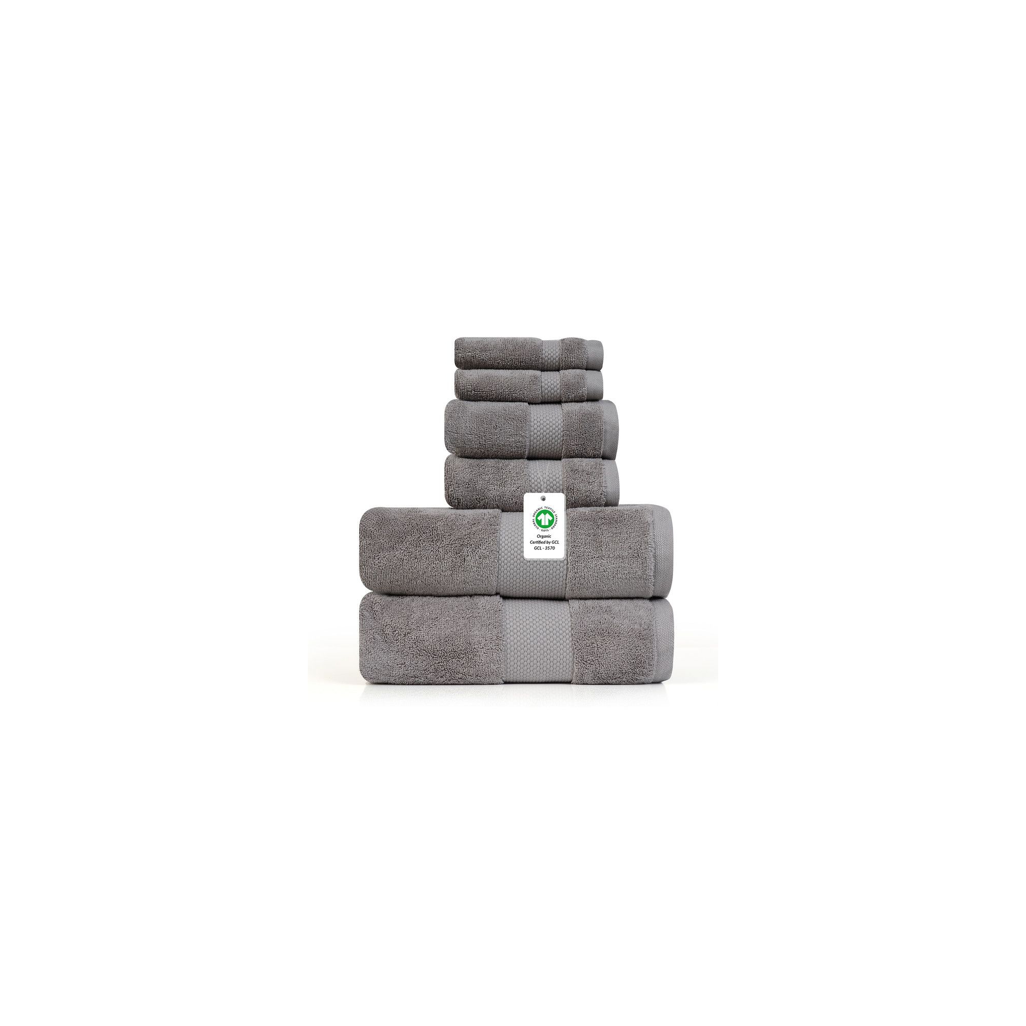 Farm to Home 100% Organic Cotton 630GSM Towel Set of 6, GOTS & Oeko-TEX Certified, 2 Bath Towels, 2 Hand Towels & 2 Washcloths - Stone