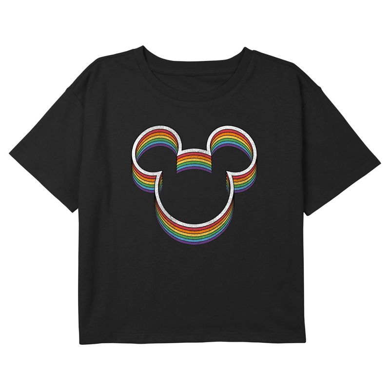 Girl's Mickey & Friends Rainbow Silhouette Logo Crop T-Shirt, 1 of 4