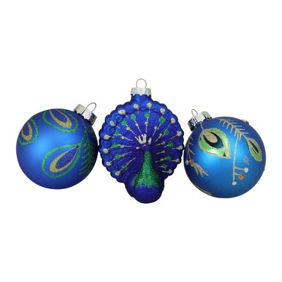 Northlight 3ct Royal Blue and Green Peacock Glass Christmas Ornaments 3.75" (95mm)