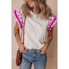 Amaryllis Women’s Ruffle Sleeve Contrast Trim Floral Embroidered Top Soft Knit Bodice T-Shirt- Medium ,White Pink - 2 of 4