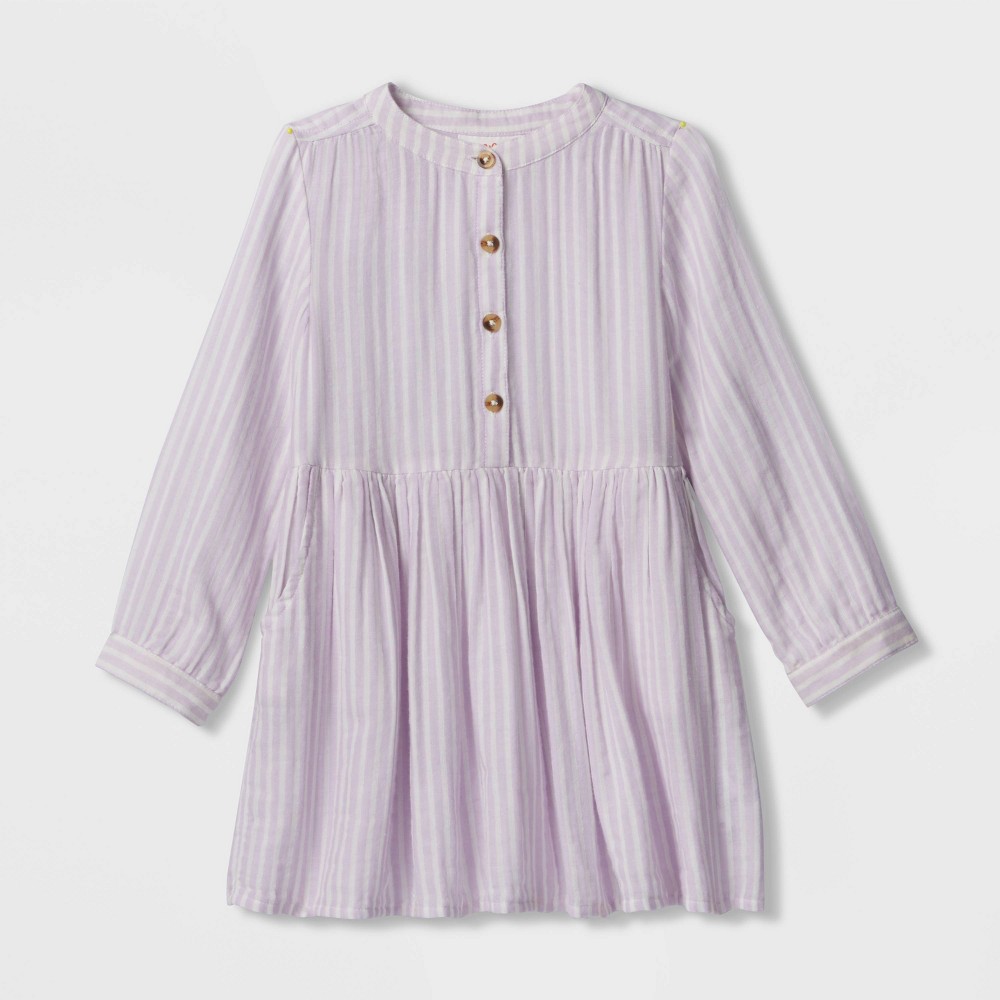 Toddler Girls' Striped Button-Front Long Sleeve Dress - Cat & Jack Purple 4T