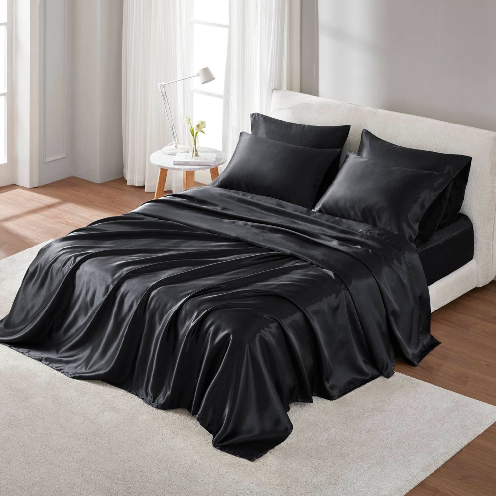 Madison Park Split King Satin Luxury Sheet Set Black