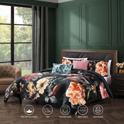 King Black Cotton Reversible Comforter Set with Floral Design