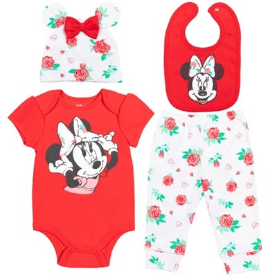 Disney Minnie Mouse Newborn Baby Girls 4 Piece Outfit Set: Bodysuit Pants Bib Hat Red/White 6-9 Months