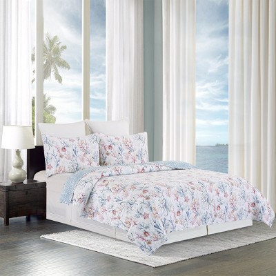 King Size Blue Cotton Reversible Coastal Quilt Set