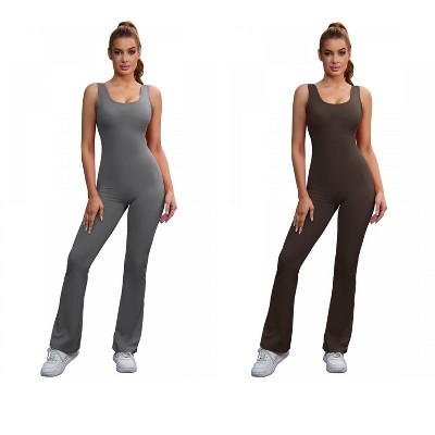 INSPIRE CHIC 2 Pcs Women's Hollow Back Flare Jumpsuits One Piece Long Workout Fitness Full Body Shaper
