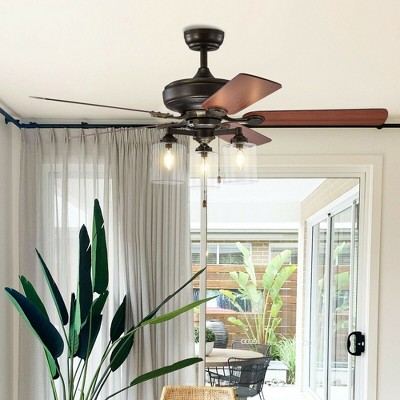 Bronze 52'' Ceiling Fan with Clear Glass Lights and Reversible Wooden Blades
