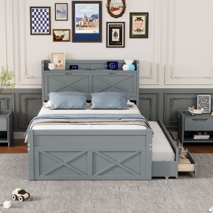 Okak Full Platform Bed Frame with Storage Headboard and 3 Drawers Wooden Platform Extendable Bed with Twin Size Trundle and Outlets, Gray - 1 of 4