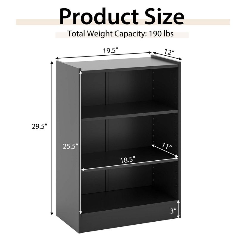 Costway 3-Tier Bookcase Open Multipurpose Display Rack Cabinet with Adjustable Shelves Black/Brown, 3 of 11