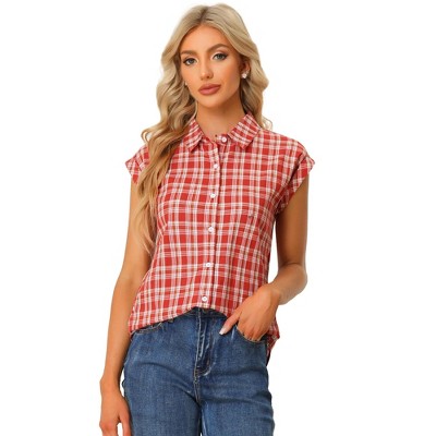 INSPIRE CHIC Women's Summer Plaid Short Sleeves Button Down Shirt