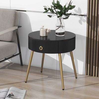 19.6'' Easy Assembly End Tables with High Gloss Faux Marble Tabletops, Set of 2,Grey+Gold