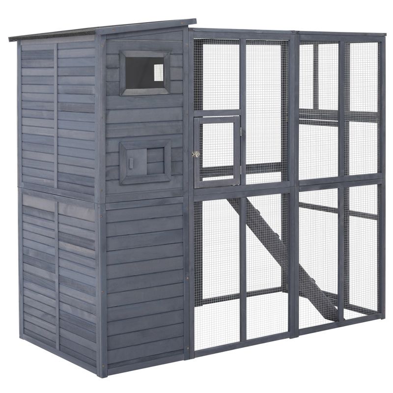 PawHut Cat House Outdoor Catio Kitty Enclosure with Platforms Run Lockable Doors and Asphalt Roof, 77" x 37" x 69", 5 of 8