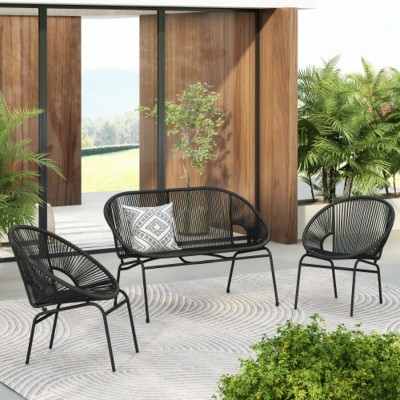 3-Piece Wicker Patio Conversation Set with 2 Arm Chairs and Loveseat, Outdoor Furniture for Balcony or Small Space – The Pop Home