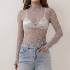 Women’s Floral Lace Slim-Fit Top – Sheer Stretch Tee with Baby Overlock Edge, Versatile Cherie Code - 1 of 4