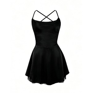 spaghetti strap mini skater dress YESFASHION Women Spaghetti Strap Sweetheart Neck High Waist Flared Skater Mini Cocktail Party Dress,L,Black