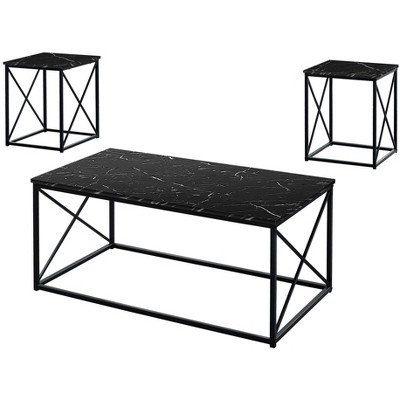 Black Faux Marble Rectangular Coffee Table Set with Metal Frame