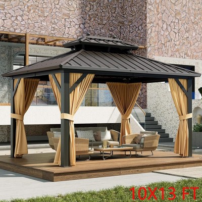 10X13 FT Outdoor Galvanised Steel Hardtop Gazebo Double Roof With Netting & Curtains Weather Resistant