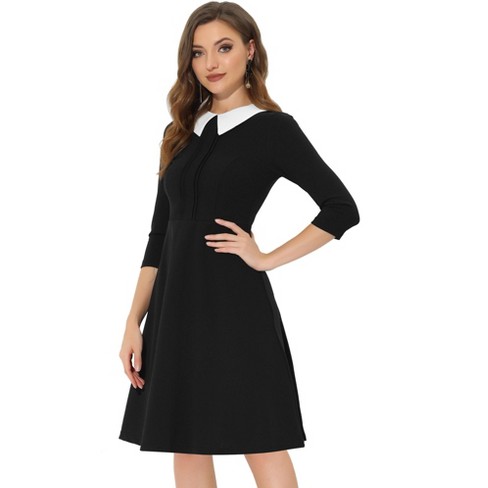 Allegra K Women's Vintage Tweed Plaid Grid Peter Pan Collar Long Sleeve  A-line Dress Black Medium