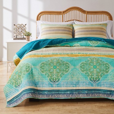 Aurora Vintage Boho Quilted Pillow Sham, Blue and Beige, Standard