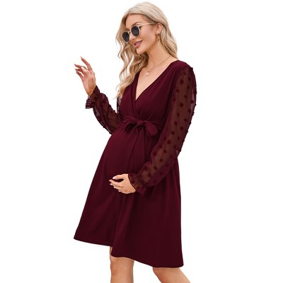 Womens Maternity Long Sleeve Swiss Dot Wrap Dress Casual V Neck Fall Nursing Midi Dress Baby Shower Photoshoot Belt