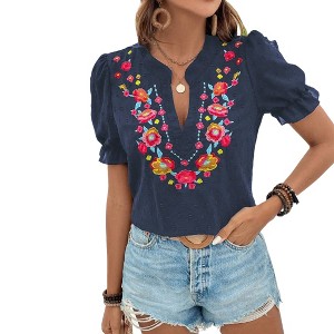 Womens Short Sleeve Embroidered Floral Blouse Puff Sleeves Top Shirts - 1 of 4