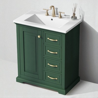 30-Inch Green Bathroom Vanity with Sink, Freestanding Solid Wood Cabinet with 3 Drawers & Door Shelf,Ceramic Basin, Gold Handles