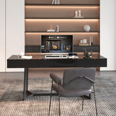 Vynxaria Modern Black 70.87" Computer Desk, Study & Work Desk, Y-Shaped Metal Legs