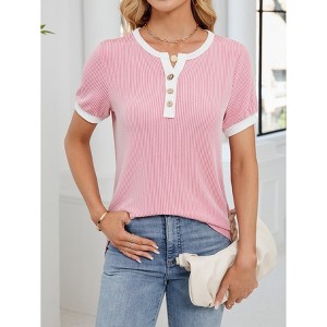 Women's Contrast Trim Henley Neck Short Sleeve Ribbed Tee - 1 of 4