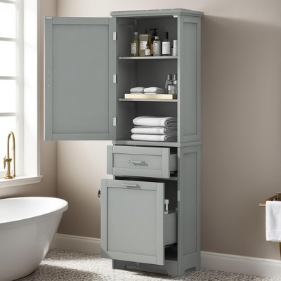 68" Tall Bathroom Storage Cabinet Wooden Floor Cabinet with 2 Different Size Drawers Freestanding Cupboard,Adjustable Shelf - Leovsnove