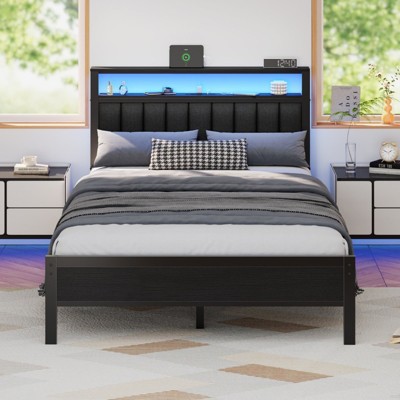 Furnulem Full Size Bed Frame with Charging Station and LED Lights with Grey Upholstered Headboard with Storage Shelves, No Box Spring Needed