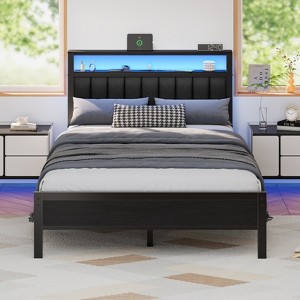 Furnulem Full Size Bed Frame with Charging Station and LED Lights with Grey Upholstered Headboard with Storage Shelves, No Box Spring Needed - 1 of 4