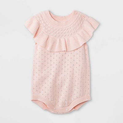 Image of Baby Girls' Pointelle Sleeveless Sweater Romper - Cat & Jack™ Light Pink 3-6M