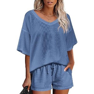 Ekouaer Womens 2 Piece Short Sleeve Waffle Knit V Neck Off Shoulder Casual Loose Fit Sweatsuit Outfits - 1 of 4