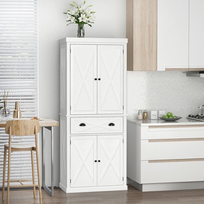 White Freestanding 4-Door Kitchen Pantry Cabinet with Drawer